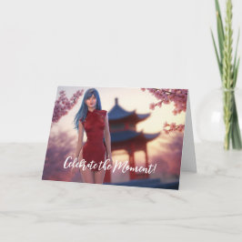 Tarjeta La joven belleza de Cheongsam posando para el Año