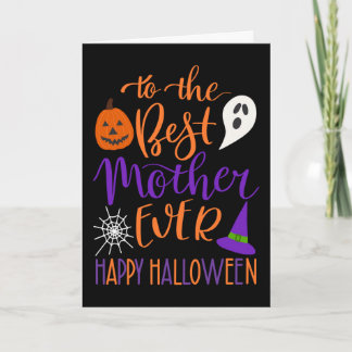 Tarjeta La mejor madre de Halloween en naranja y morado