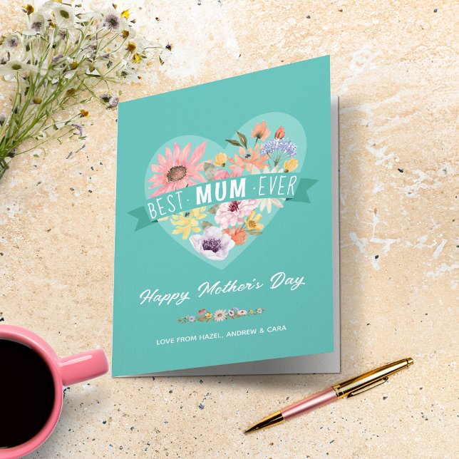 Tarjeta La mejor Mamá de flores silvestres del mundo foto  (Best Mum Ever Wildflowers Heart Photo Mother's Day Card (Front))