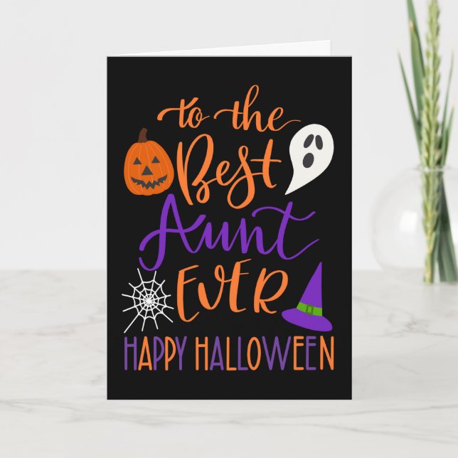 Tarjeta La mejor tía de Halloween en Naranja y morado (Anverso)