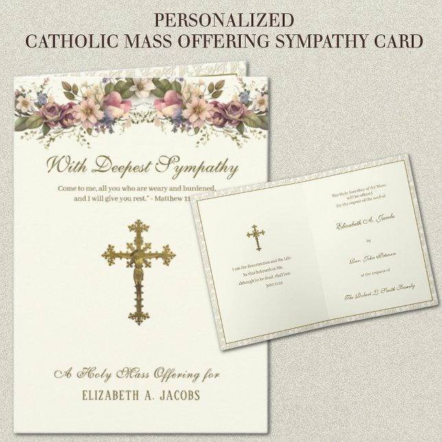 Tarjeta La misa de simpatía católica ofrece floral crucifi (TRADITIONAL CATHOLIC LATIN MASS OFFERING SYMPATHY FUNERAL CARDS)