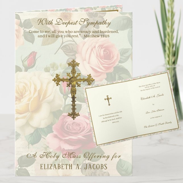 Tarjeta La misa de simpatía católica ofrece Rosas crucifij (TRADITIONAL CATHOLIC FUNERAL SYMPATHY MASS OFFERING CARD WITH SCRIPTURE AND ROSES AND CRUCIFIX)