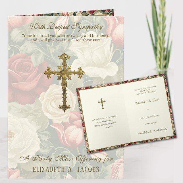 Tarjeta La misa de simpatía católica ofrece Rosas crucifij (TRADITIONAL CATHOLIC SYMPATHY MASS OFFERING CARD WITH SCRIPTURE AND CRUCIFIX)