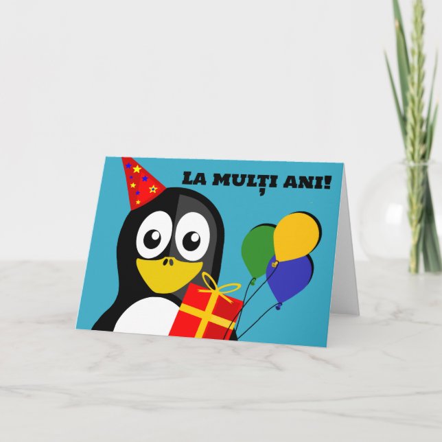 Tarjeta ¡La multi ani! Feliz cumpleaños en el pingüino rum (Anverso)