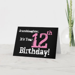 Tarjeta La nieta cumple 12 años, negra, rosa, blanca.