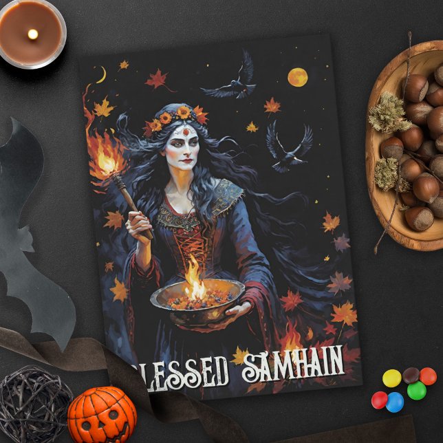 Tarjeta La Noche de Samhain de Pagan Witch (Fall Forest Blessed Samhain Night Pagan Witch Halloween Greeting Card)