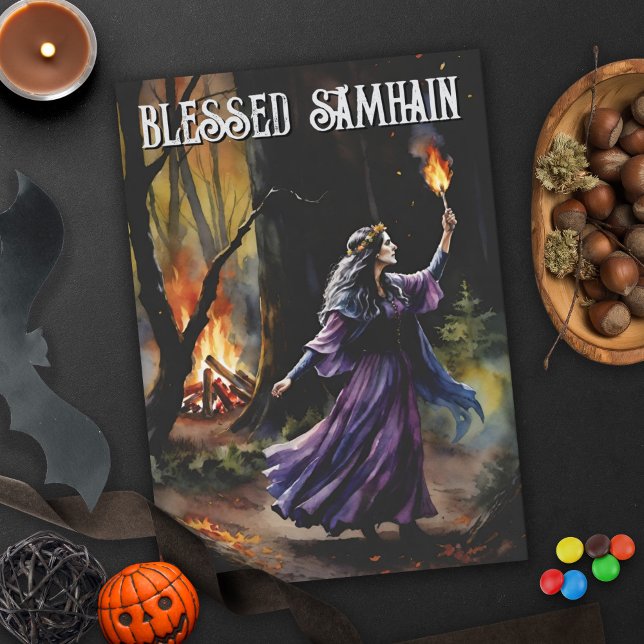 Tarjeta La Noche de Samhain de Pagan Witch (Fall Forest Blessed Samhain Night Pagan Witch Halloween Greeting Card)