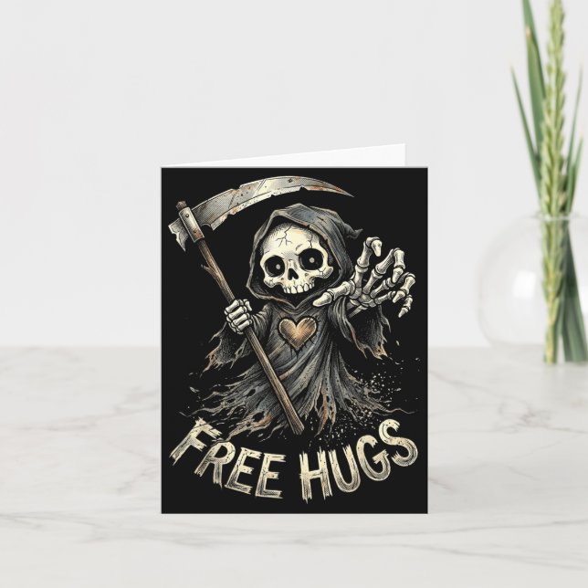 Tarjeta La Parca Abraza Esqueleto Humor Negro (Anverso)