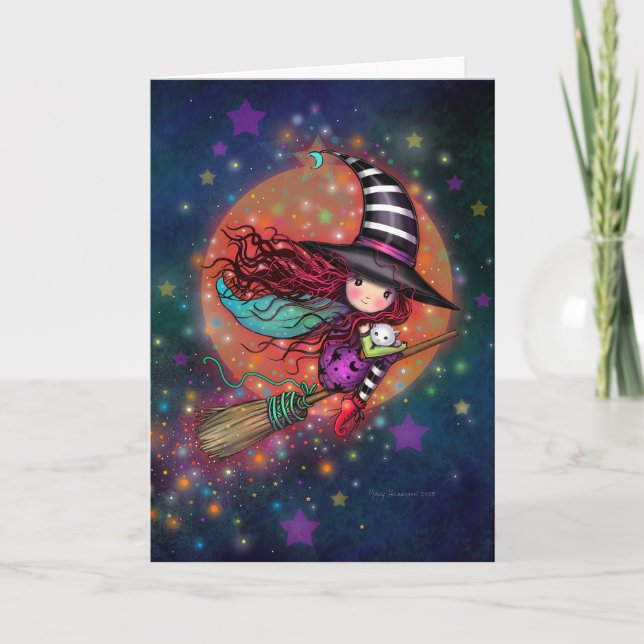 Tarjeta La pequeña bruja en la habitación con su gato (Anverso)