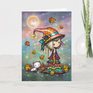 Tarjeta La pequeña bruja y gato de Halloween del pequeño v