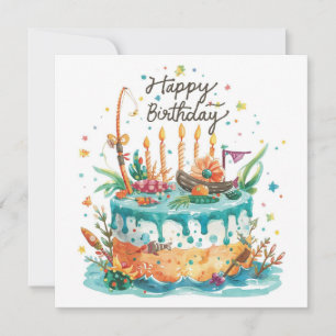 Tarjeta La pesca con temática de cumpleaños enganchada a l