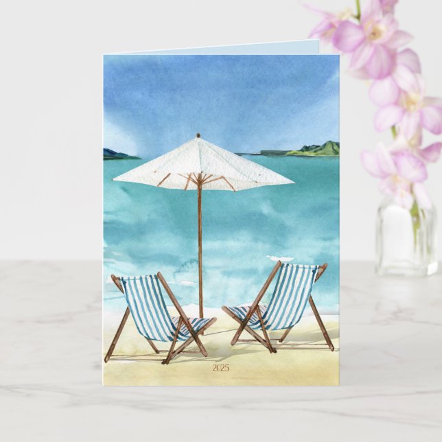 Tarjeta La playa de la costa y el océano con tumbonas (Orquídea)