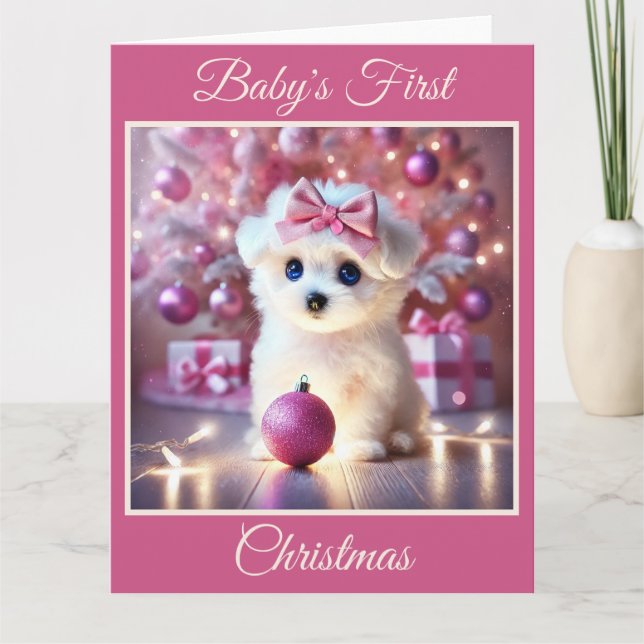 Tarjeta La primera Navidad de Baby Puppy (Rosa) (Anverso)