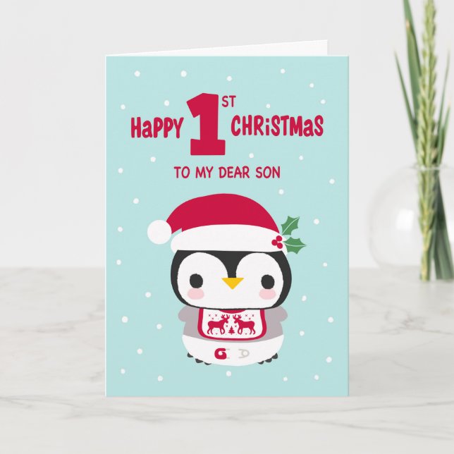 Tarjeta La primera Navidad de mi hijo con el pingüino bebé (Anverso)