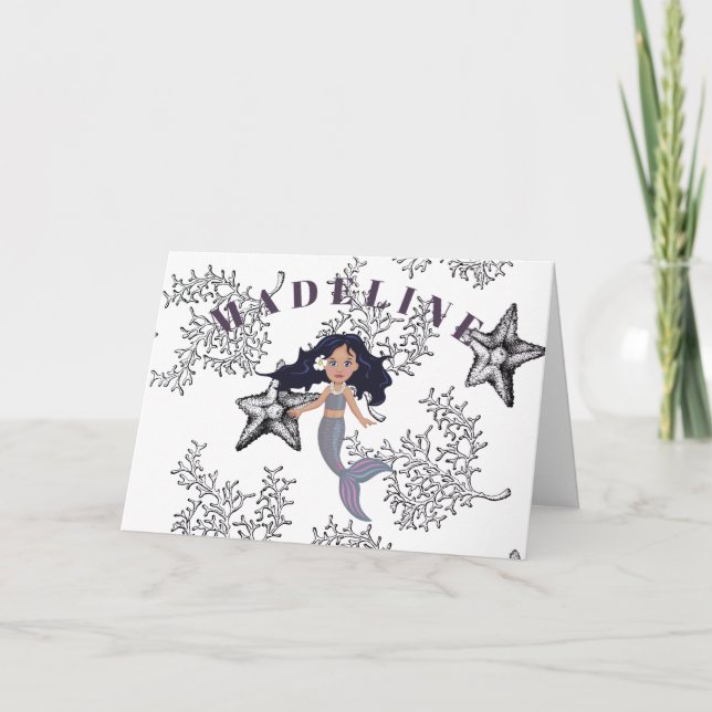 Tarjeta La Sirenita Cute El Pelo Oscuro Bajo El Mar Cumple (Anverso)