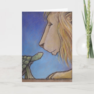 Tarjeta la tortuga mira el león