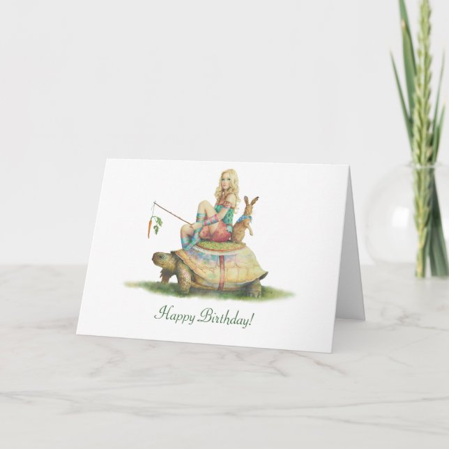 Tarjeta La tortuga y la liebre, feliz cumpleaños (Anverso)