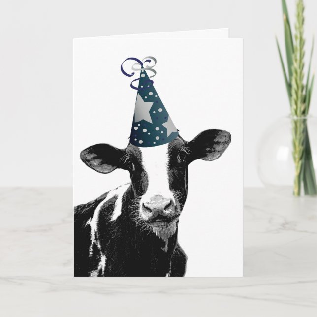 Tarjeta La vaca divertida en gorra del fiesta quiere (Anverso)
