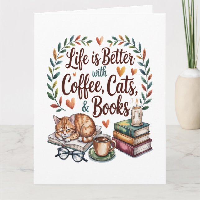 Tarjeta La vida es mejor con café gatos libros (Anverso)