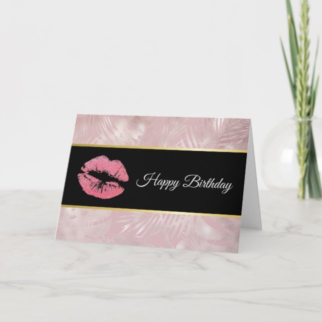 Tarjeta Labios rosados del purpurina y hojas tropicales (Anverso)
