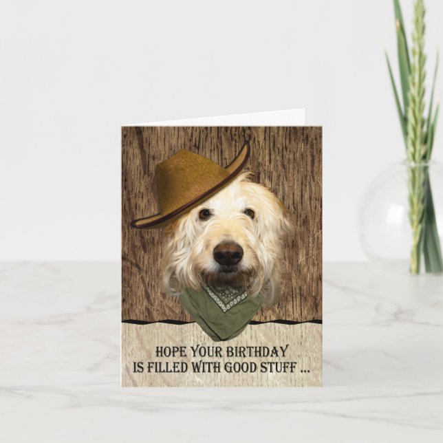 Tarjeta Labradoodle Con Vaquero Gorra Funny Cumpleaños (Anverso)