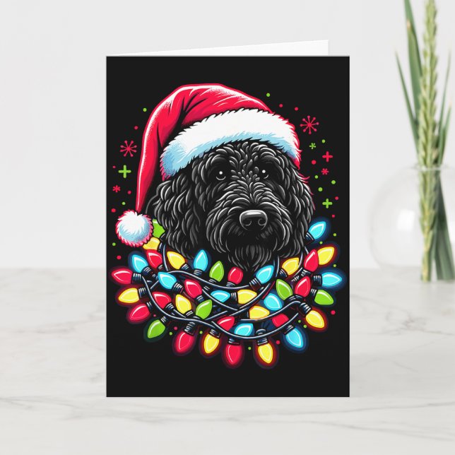Tarjeta Labradoodle negro árbol de Navidad luces de Navida (Anverso)