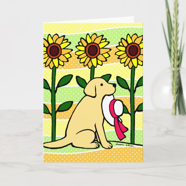 Tarjeta Labrador amarillo de verano con girasoles (Anverso)