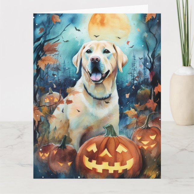 Tarjeta Labrador de Halloween con calabazas temerosas (Anverso)