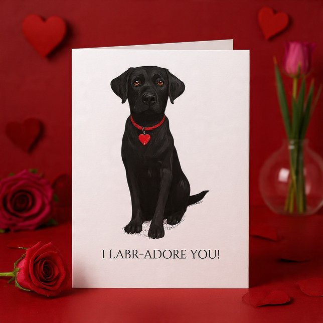 Tarjeta  Labrador Dog With Love Heart Adore You (Labrador Dog With Love Heart Adore You Card by Ricaso - Cute black lab pup ideal for valentines)