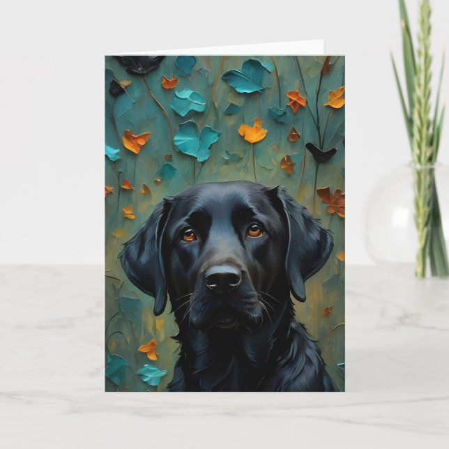 Tarjeta Labrador negro en hojas (Anverso)