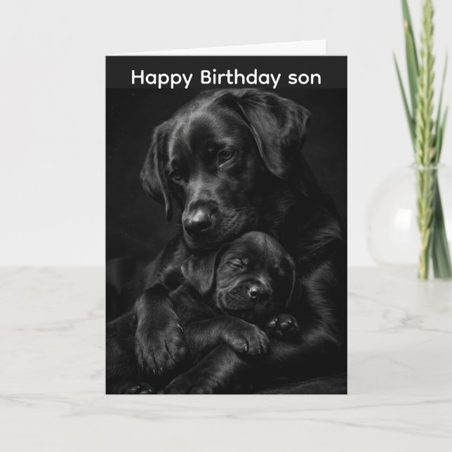Tarjeta Labrador negro, padre e hijo, Abrazo de amor (Anverso)