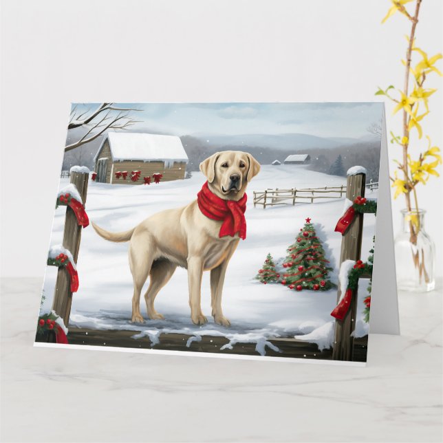 Tarjeta Labrador: Perro recuperado en Navidades de nieve (flor amarilla)
