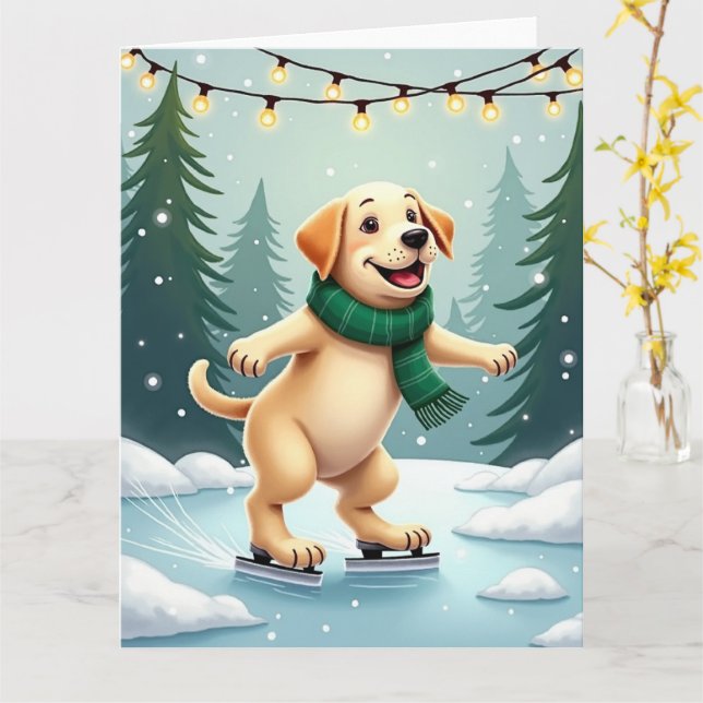 Tarjeta Labrador Retriever Ice Skating Christmas Painting (flor amarilla)