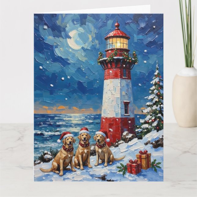 Tarjeta Labrador Retriever Navidad Faro Fiesta (Anverso)