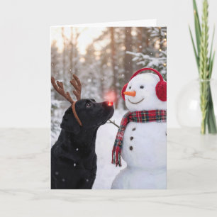 Tarjeta Labrador Retriever negro de Navidad con muñeco de 