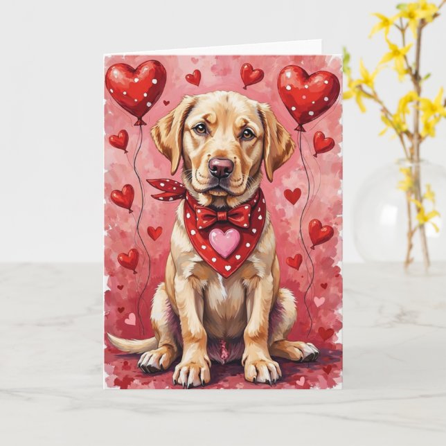Tarjeta Labrador Retriever Valentine’s Day Dog with Hearts (flor amarilla)