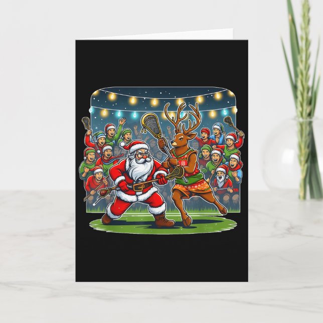 Tarjeta Lacrosse Player Christmas Santa Reindeer Playing L (Anverso)