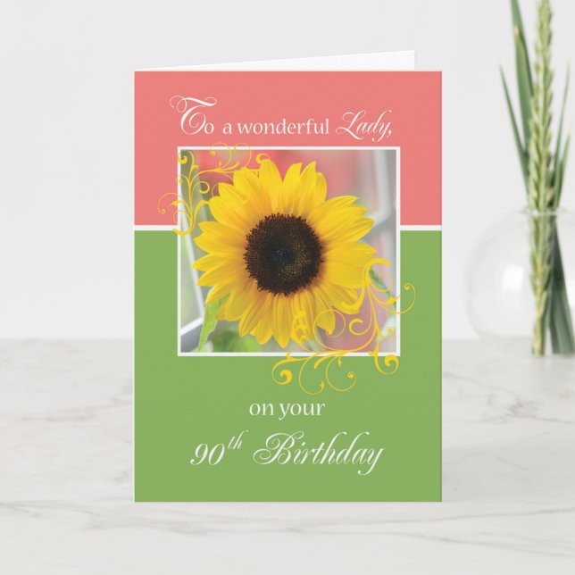 Tarjeta Lady 90 cumpleaños con girasol en verde rosado (Anverso)