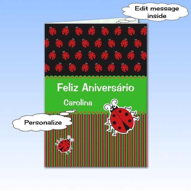 Tarjeta Ladybug cumpleaños personalizado portugués texto (Subido por el creador)