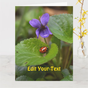 Tarjeta Ladybug sobre las dulces flores violetas