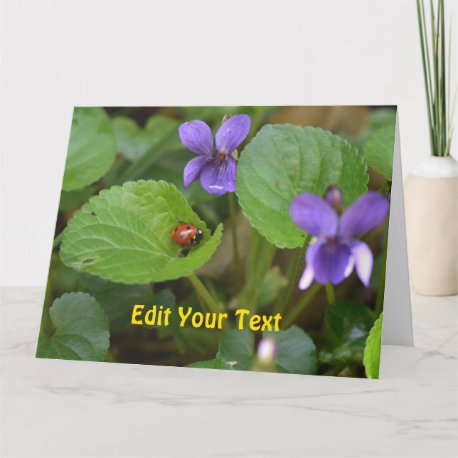 Tarjeta Ladybug sobre las dulces flores violetas (Anverso)