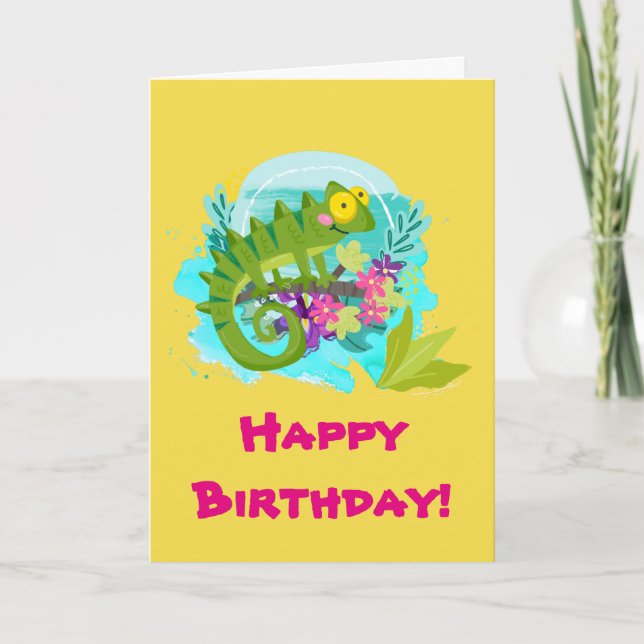 Tarjeta Lagarto tropical verde con cumpleaños de las (Anverso)