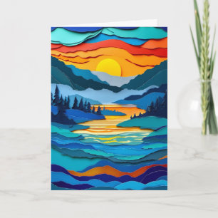 Tarjeta Lago al amanecer con recortes de papel iluminados 