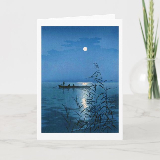 Tarjeta Lago Reed y Luna Llena, Koho Shoda, Woodcut (Anverso)