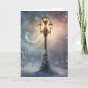 Tarjeta Lámpara festiva en una noche nevada de Navidad