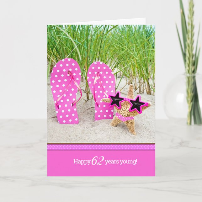 Tarjeta Langosta y chanclas rosas para el cumpleaños 62 (Anverso)