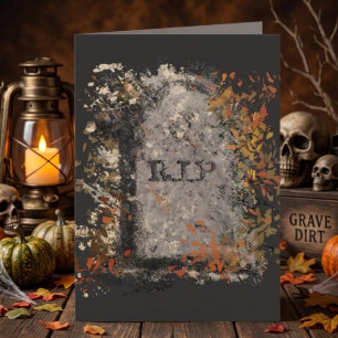 Tarjeta Lápida Vintage Gótica R.I.P. y Hojas de Otoño