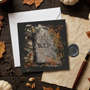 Tarjeta Lápida Vintage Gótica R.I.P. y Hojas de Otoño