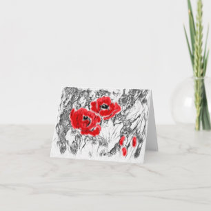 Tarjeta Lápiz esquematizado a mano adornos rojos flores fl