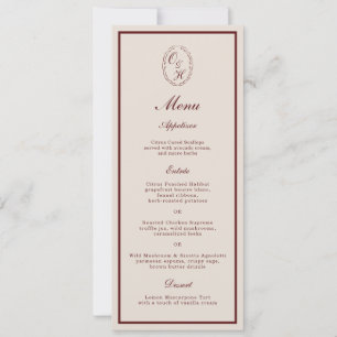 Tarjeta larga de menú de boda con monograma de Bor
